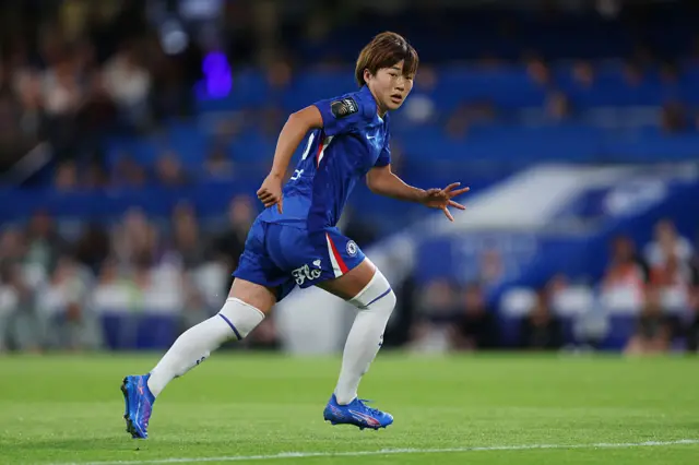 Maika Hamano of Chelsea looks on during the Barclays Women's Super League match between Chelsea FC and Manchester City at Stamford Bridge on September 05, 2025 in London, England.
