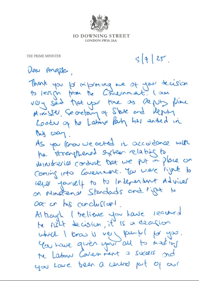 Starmer's handwritten letter to his former Deputy Prime Minister Angela Rayner
