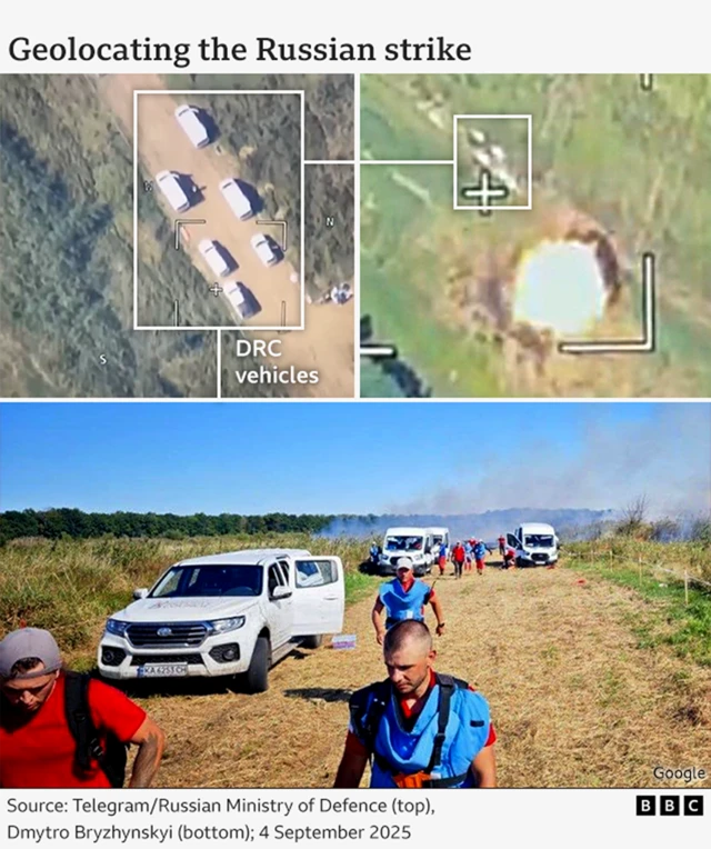 Screenshots from three videos showing a convoy of cars before and after a drone strike