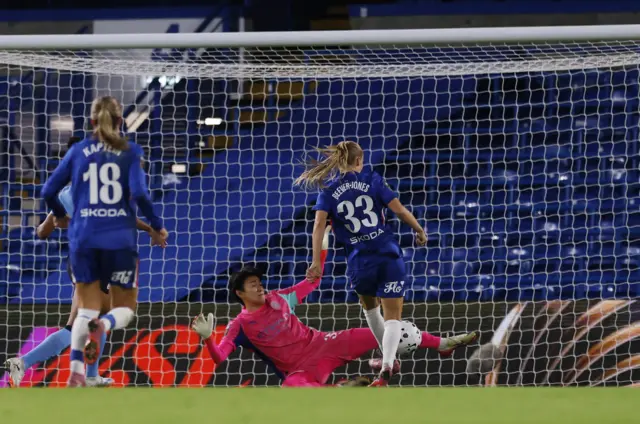 Chelsea's Agnes Beever-Jones scores their first goal past Manchester City's Ayaka Yamashita