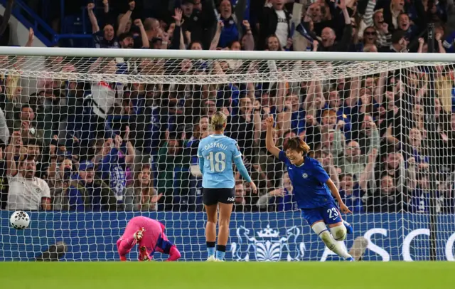 Chelsea's Maika Hamano celebrates scoring their side's second goa