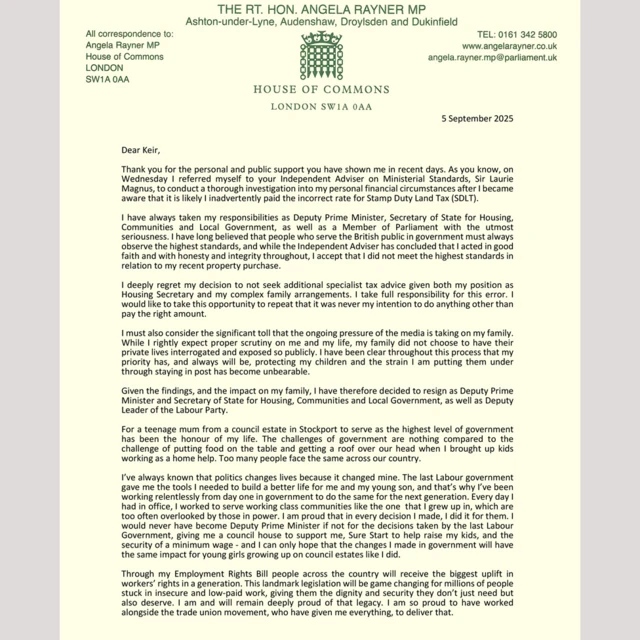 The first sheet of Angela Rayner's letter