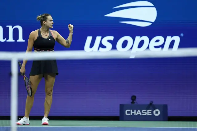Belarus's Aryna Sabalenka reacts