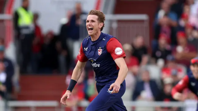 Fred Klaassen celebrates bowling Luke Wells