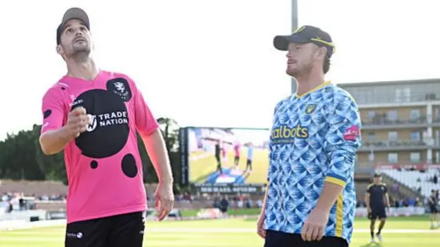 Captains Lewis Gregory and Alex Davies at the toss at Taunton
