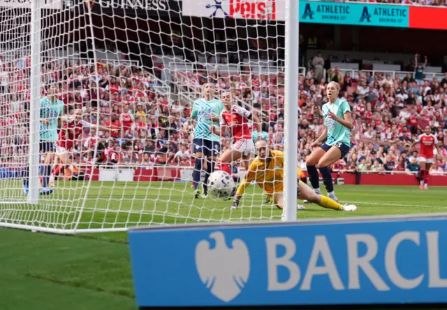 Arsenal’s Chloe Kelly scores their side's second goal of the game during the Barclays Women's Super League match at Emirates Stadium, London.