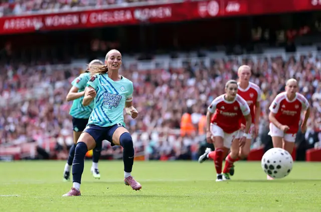 Kosovare Asllani of London City Lionesses scores her team's first goal from the penalty spot during the Barclays Women's Super League match between Arsenal and London City Lionesses at Emirates Stadium on September 06, 2025 in London, England.