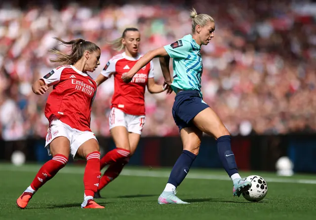Alanna Kennedy of London City Lionesses is challenged by Victoria Pelova of Arsenal during the Barclays Women's Super League match between Arsenal and London City Lionesses at Emirates Stadium on September 06, 2025 in London, England. (