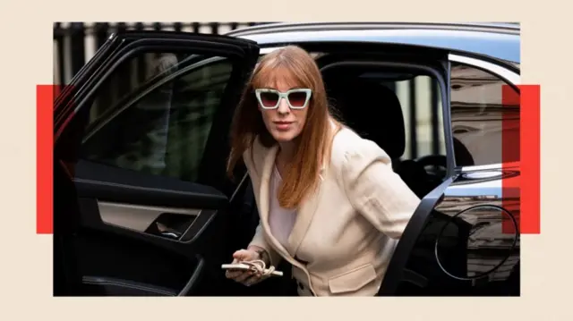 Angela Rayner, wearing sunglasses with mint green rims, coming out of a black car