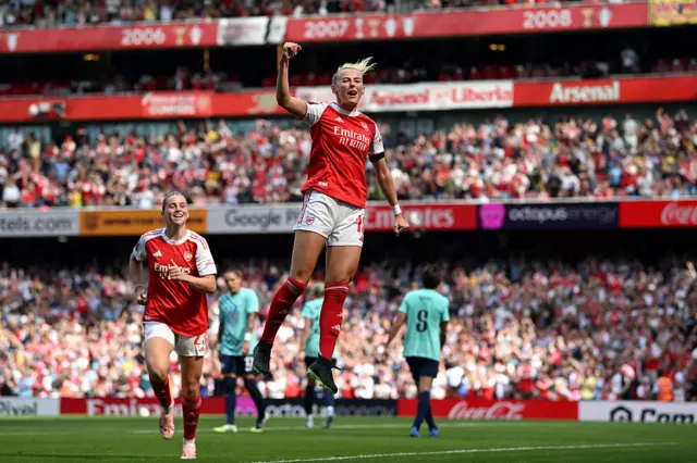 Chloe Kelly of Arsenal celebrates scoring her team's second goal during the Barclays Women's Super League match between Arsenal and London City Lionesses at Emirates Stadium on September 06, 2025 in London, England.