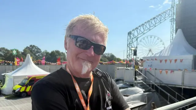 A man stands backstage at a festival wearing sunglasses and a black T-shirt. He smiles at the camera. Stages can be seen behind him as well as tents and a ferris wheel.