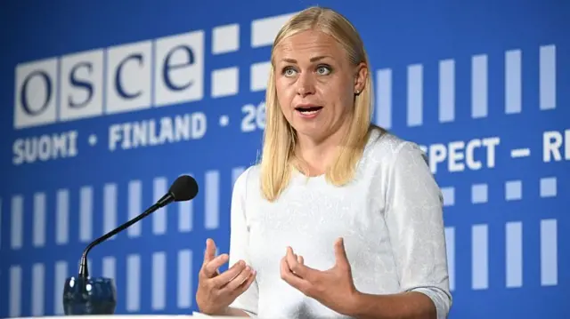 Finland's Minister for Foreign Affairs Elina Valtonen delivers a press conference during the Helsinki +50 Conference, marking the 50th anniversary of the Helsinki Final Act in Helsinki, on July 31, 2025