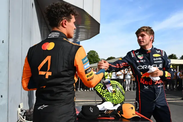 Lando Norris and Max Verstappen congratulate each other