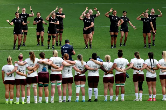Players of New Zealand perform the Haka prior to the Women's Rugby World Cup 2025 Pool C match between New Zealand and Ireland