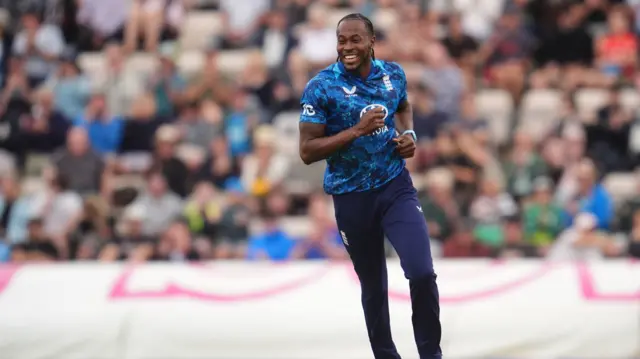 Jofra Archer smiles after taking a wicket vs South Africa