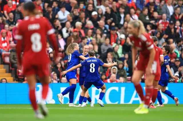 rnella Vignola of Everton (C) celebrates scoring her team's first goal with teammates during the Barclays Women's Super League match between Liverpool and Everton at Anfield on September 07, 2025 in Liverpool, England.