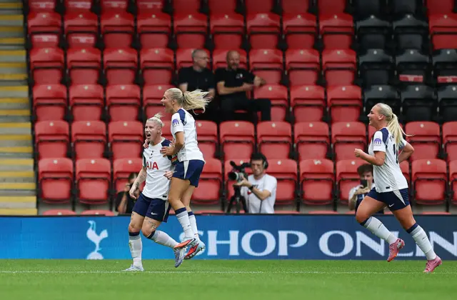 Bethany England of Tottenham Hotspur (L) celebrates with teammate Amanda Nilden