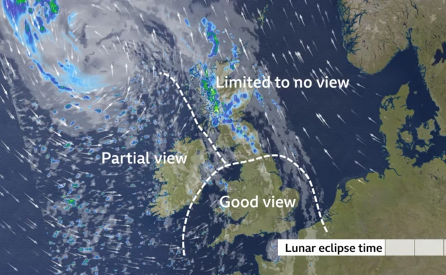 Graphic of weather map of UK showing which areas will have good views of the eclipse. Most of England and Wales will have a good view, Ireland and Northern Ireland will have a partial view and Scotland and northern England will have limited or no view.