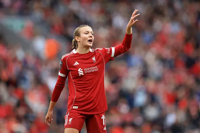 Beata Olsson of Liverpool gestures during the Barclays Women's Super League match between Liverpool and Everton at Anfield on September 07, 2025 in Liverpool, England.