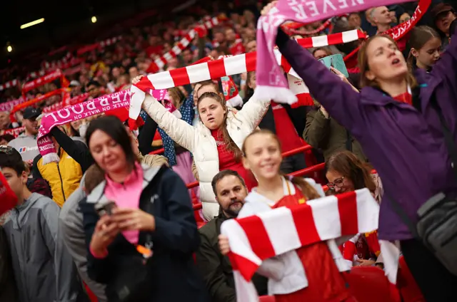 Fans of Liverpool show their support prior to the Barclays Women's Super League match between Liverpool and Everton at Anfield on September 07, 2025 in Liverpool, England.