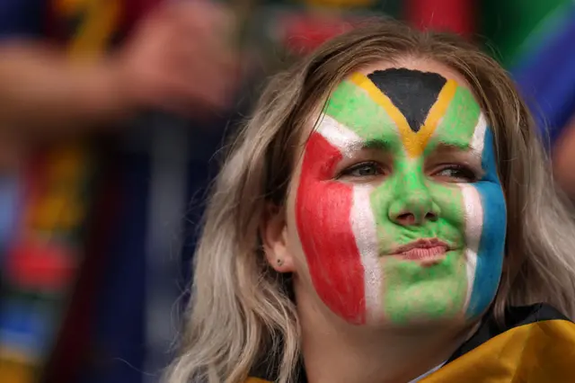 A picture of a fan with the French and South African flags combined on face paint