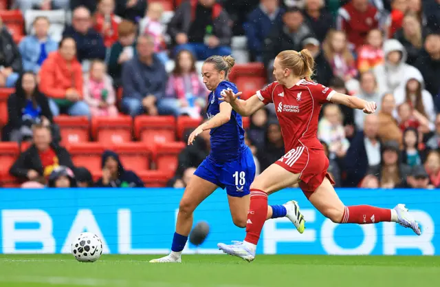Ornella Vignola of Everton is challenged by Ceri Holland of Liverpool during the Barclays Women's Super League match between Liverpool and Everton at Anfield on September 07, 2025 in Liverpool, England.