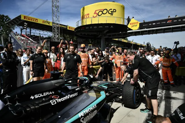 George Russell's Mercedes being attended to before the Italian Grand Prix
