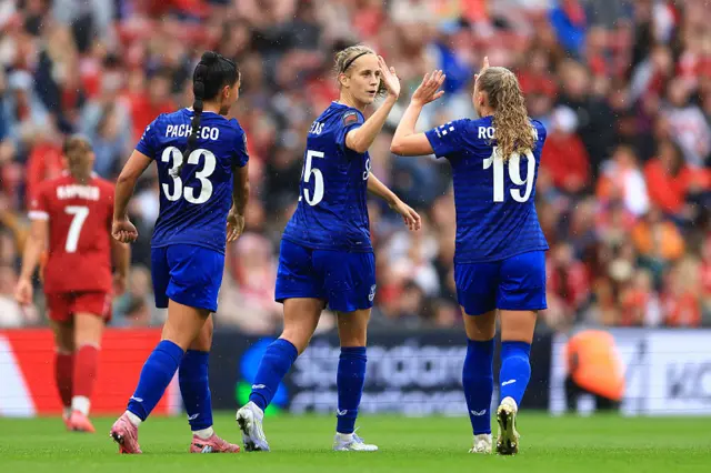 Katja Snoeijs of Everton celebrates scoring her team's first goal with Katie Robinson during the Barclays Women's Super League match between Liverpool and Everton at Anfield on September 07, 2025 in Liverpool, England.