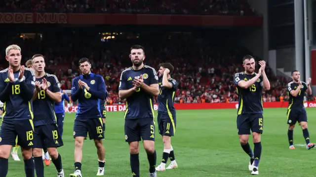 Scotland's George Hirst and Grant Hanley at Full Time during a 2026 FIFA World Cup Qualifying match between Denmark and Scotland at Parken Stadium,