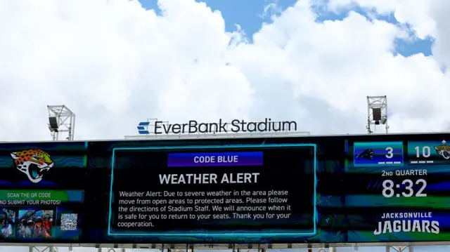Video screen explaining there is a weather delay in NFL game between Jacksonville Jaguars and Carolina Panthers
