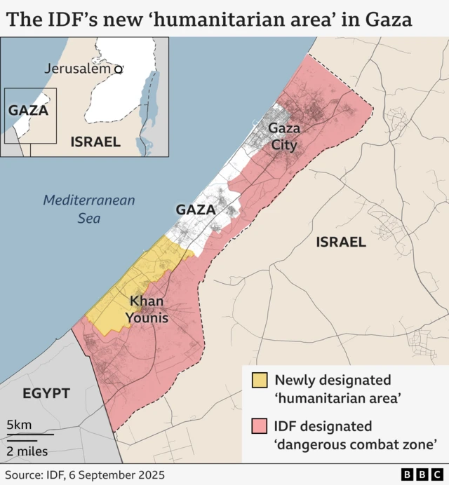 A BBC map showing Israel's newly declared "humanitarian zone" in southern Gaza