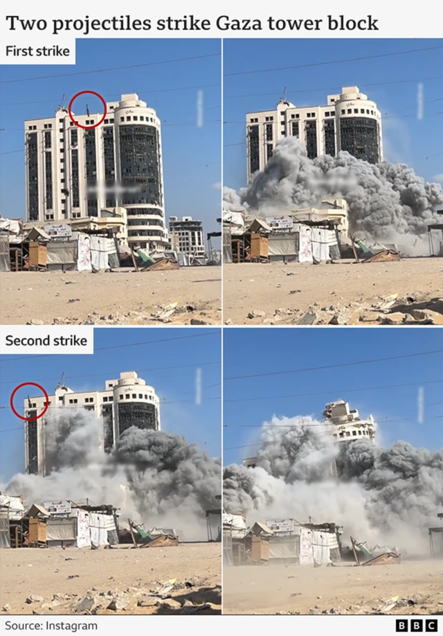 Screenshots from a video showing the first and second strikes with the two projectiles circled