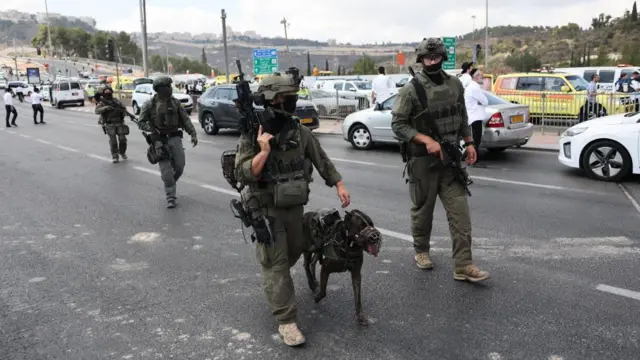 Four police officers with big automatic guns walk along a road with a police dog that has a mouth guard on it. The road is clear as they walk in the middle of it