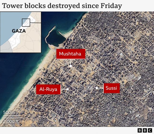 A map showing the locations of three towers that have been destroyed by strikes