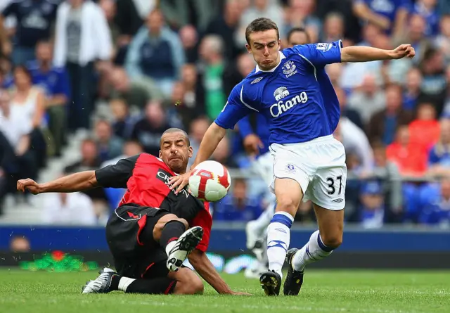 Jose Baxter of Everton battles with Steven Reid of Blackburn Rovers