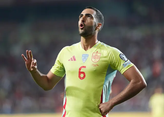 Mikel Merino (6) of Spain celebrates after scoring a goal