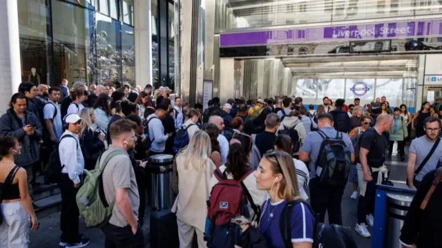 Commuters queue outside Liverpool Street station to travel on Elizabeth Line due to a Tube strike that has shut down nearly all London Underground services in London, Britain, 08 September 2025