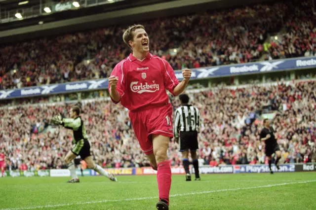 Michael Owen celebrates scoring for Liverpool against Newcastle