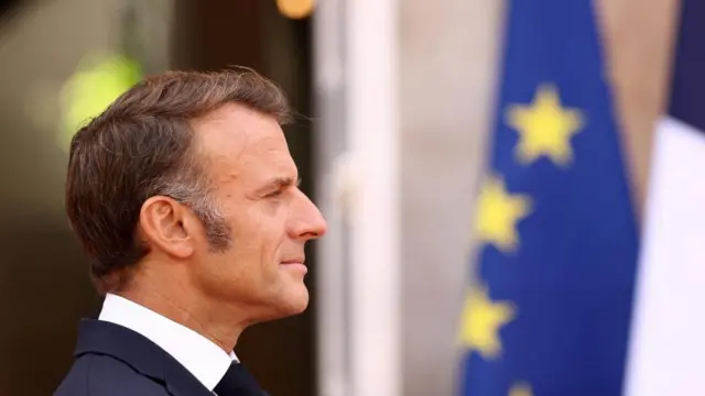 Side profile headshot of Macron who looks on
