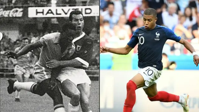 Split screen of teenage Pele and Mbappe