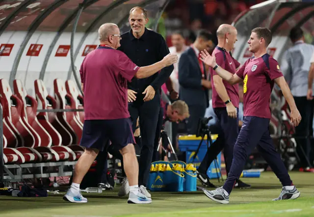 Thomas Tuchel, Head Coach of England, celebrates following the team's victory