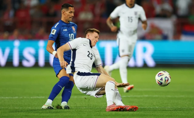 England's Elliot Anderson in action with Serbia's Sasa Lukic