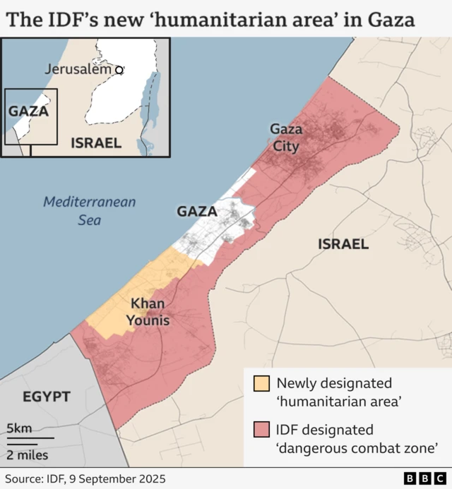 BBC map showing IDF-mandated Gaza "humanitarian areas" and "dangerous combat zones"