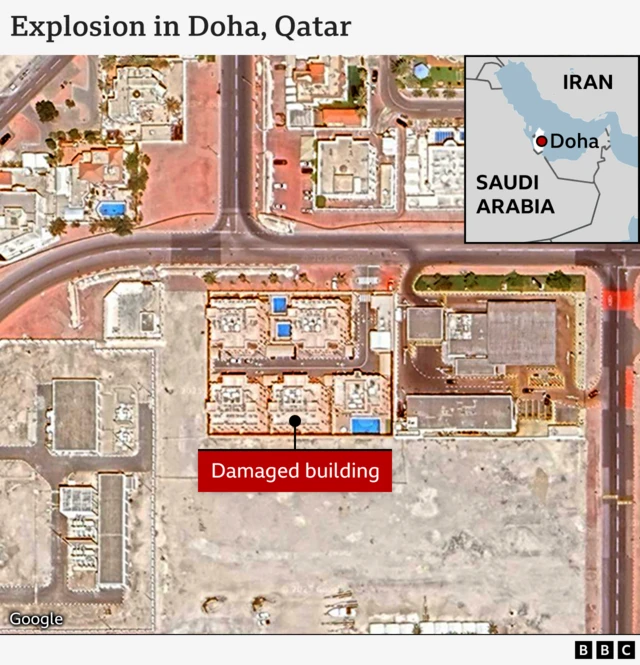 BBC map showing the location of a damaged building in Doha following an Israeli strike