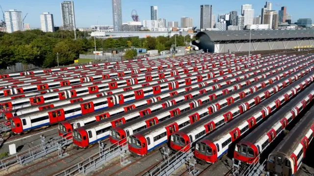 London tube carriages docked at a depot