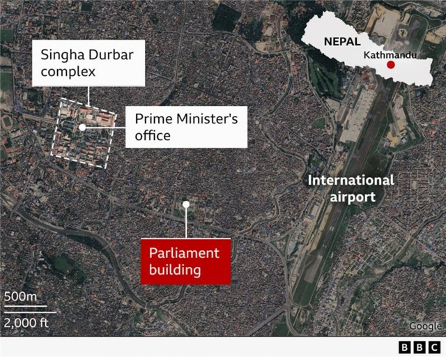 A satellite map of Kathmandu in Nepal highlighting several key locations: the Singha Durbar complex in the centre of the city, which is where the Prime Minister’s office is, as well as the parliament building, which sits in the east of the city, on the main road to the international airport.