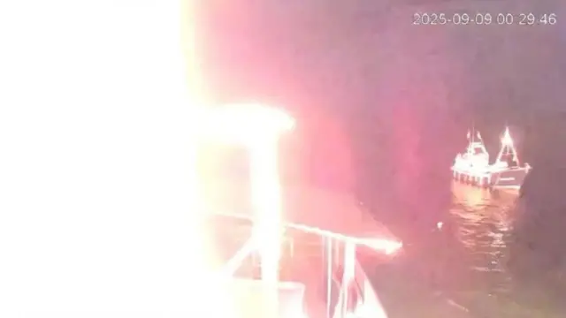 CCTV footage shows a fire broke out towards the front of the ship