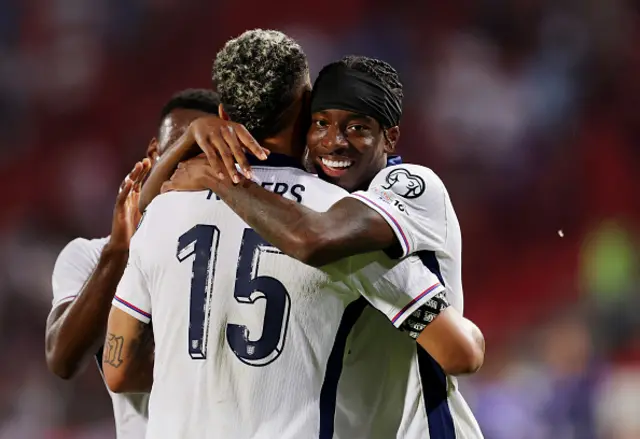 Noni Madueke of England celebrates with teammate Morgan Rogers