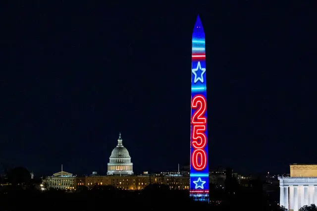 The US Capitol past a video display showing the number 250 projected on the Washington Monument during an America250 kickoff celebration in Washington, DC
