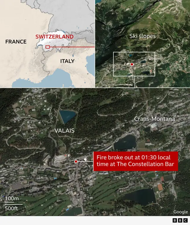 Composite map showing the location of Crans-Montana in Valais, Switzerland. The top-left panel highlights Switzerland's position in Europe near France and Italy. The top-right panel shows ski slopes around Crans-Montana. The bottom panel zooms into the area with a marked point where a fire broke out at The Constellation Bar at 01:30 local time.